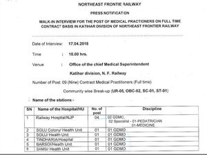Railway Recruitment 2018 In Northeast Frontier