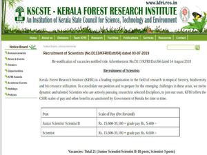 KFRI Recruitment 2019 For 21 Scientists And Jr. Scientists Post. Earn Up To INR 39,100 Per Month