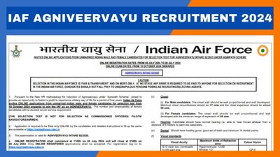 IAF Agniveervayu Recruitment 2024: वायुसेना में अग्निवीरवायु भर्ती के लिए आवेदन 8 जूलाई से, सैलरी 5 लाख तक