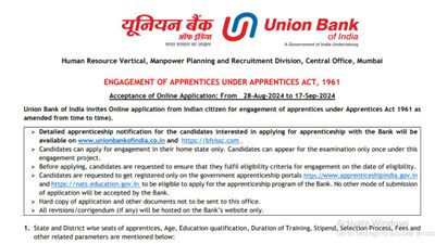 यूनियन बैंक ऑफ इंडिया ने निकाली 500 पदों पर अपरेंटिस भर्ती, देखें चयन प्रक्रिया व अन्य डिटेल्स