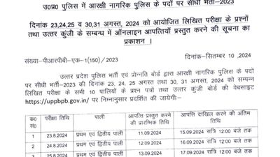 यूपी पुलिस कांस्टेबल 2024 उत्तर कुंजी 12 बजे होगी जारी, जानें किस दिन की परीक्षा के लिए कब उठाएं आपत्ति