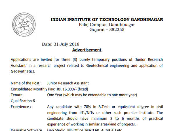 IIT Gandhinagar Recruitment 2018: JRF के कई पदों पर वैकेंसी, ऐसे करें आवेदन IIT Gandhinagar Recruitment 2018: JRF के कई पदों पर वैकेंसी, ऐसे करें आवेदन