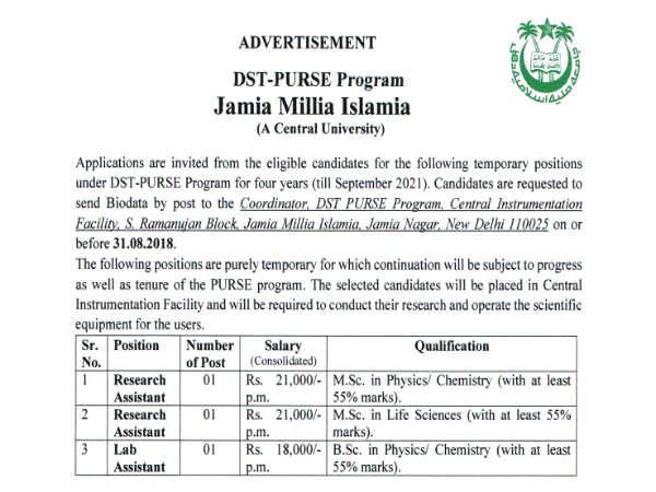 JMI Recruitment 2018: रिसर्च असिस्टेंट और लैब असिस्टेंट के कई पदों पर भर्ती JMI Recruitment 2018: रिसर्च असिस्टेंट और लैब असिस्टेंट के कई पदों पर भर्ती