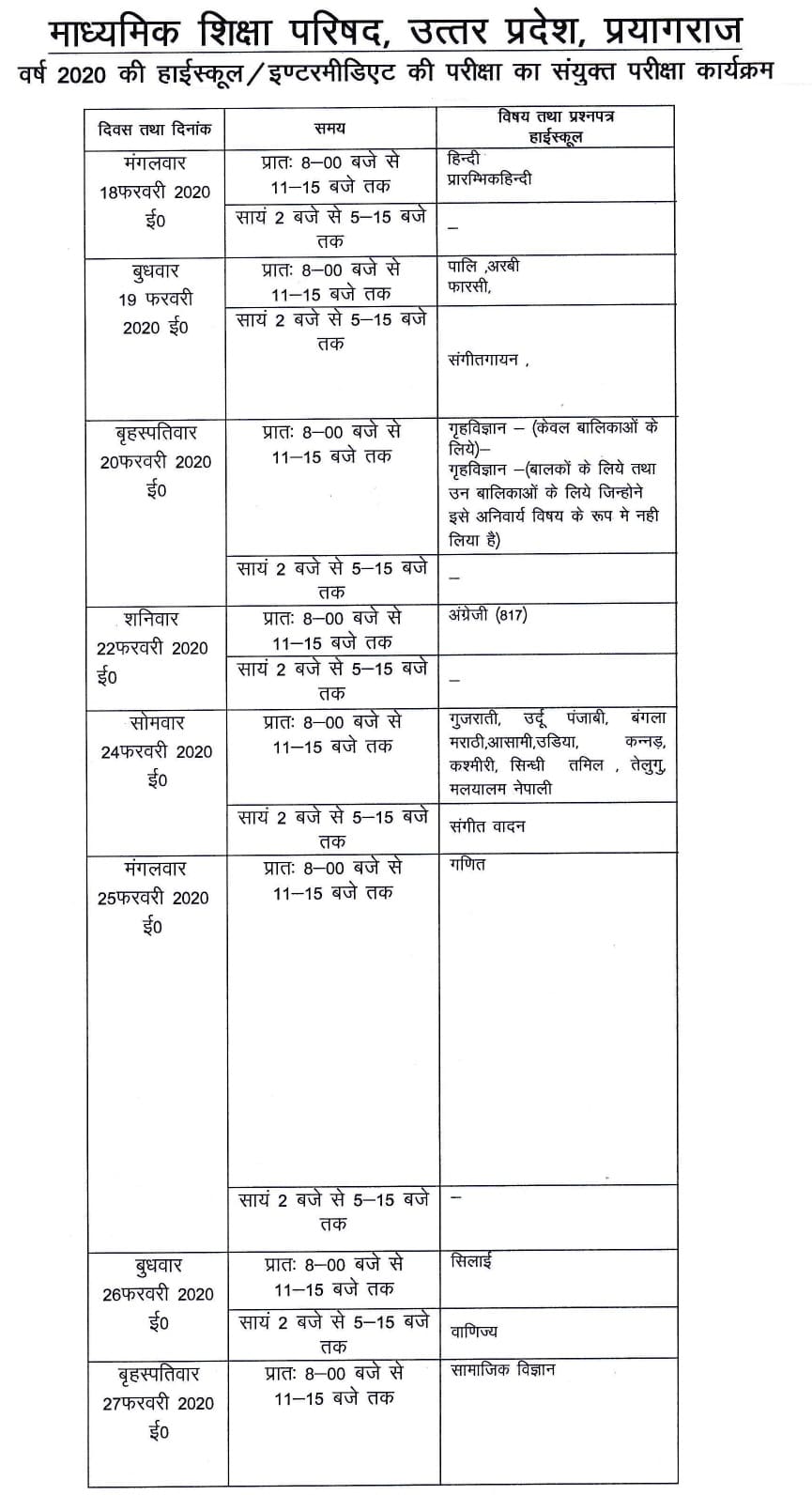 UP Board Time Table 2020 / यूपी बोर्ड टाइम टेबल 2020: कक्षा 10वीं 12वीं टाइम टेबल का पीडीएफ