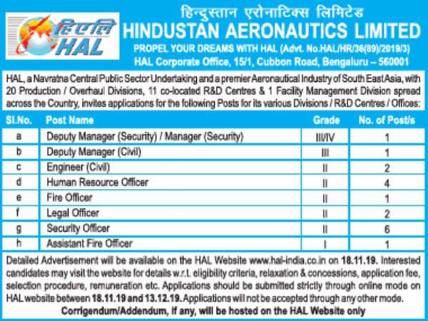 HAL Recruitment: Apply Online For Security Officers, HR, Fire Officers ...