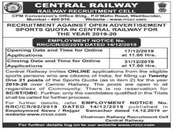 Central Railway: Sports Quota Jobs