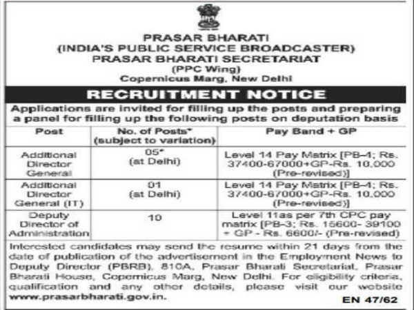 Prasar Bharati Recruitment: DDA & ADG 