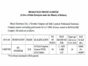 ಭಾರತ್ ಎಲೆಕ್ಟ್ರಾನಿಕ್ಸ್ ಲಿಮಿಟೆಡ್ ನಲ್ಲಿ ಡೆಪ್ಯುಟಿ ಇಂಜಿನಿಯರ್ ಹುದ್ದೆಗಳ ನೇಮಕಾತಿ