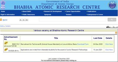 BARC Recruitment 2020: 105 ಜ್ಯೂನಿಯರ್ ರಿಸರ್ಚ್ ಫೆಲೋ ಹುದ್ದೆಗಳಿಗೆ ಅರ್ಜಿ ಆಹ್ವಾನ
