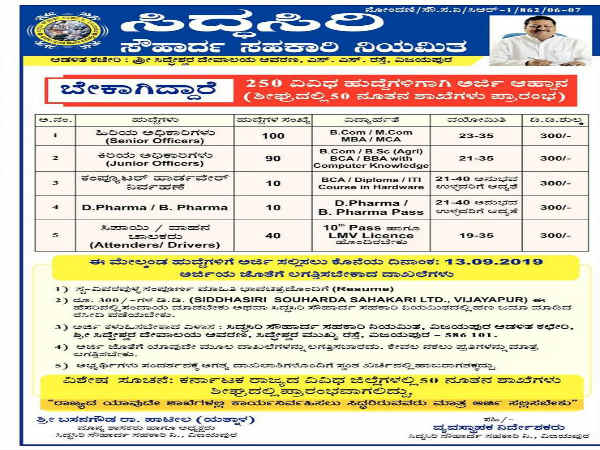 ಸಿದ್ಧಸಿರಿ ಸೌಹಾರ್ದ ಸಹಕಾರಿ ನಿಯಮಿತದಲ್ಲಿ ಉದ್ಯೋಗಾವಕಾಶ : 250 ಹುದ್ದೆಗಳು ಖಾಲಿ ಇವೆ