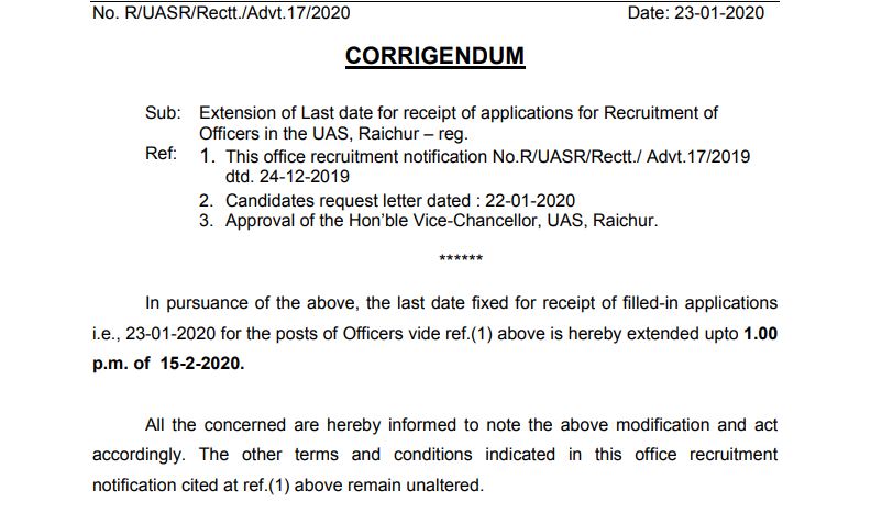 ರಾಯಚೂರು ಕೃಷಿ ವಿಜ್ಞಾನಗಳ ವಿಶ್ವವಿದ್ಯಾಲಯದಲ್ಲಿ 11 ಅಧಿಕಾರಿ ಹುದ್ದೆಗಳ ನೇಮಕಾತಿ..ಫೆ.15ರೊಳಗೆ ಅರ್ಜಿ ಹಾಕಿ
