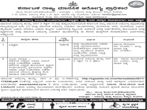 ಕರ್ನಾಟಕ ರಾಜ್ಯ ಮಾನಸಿಕ ಆರೋಗ್ಯ ಪ್ರಾಧಿಕಾರದಲ್ಲಿ ಉದ್ಯೋಗಾವಕಾಶ