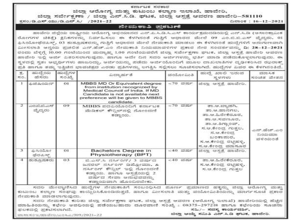 ಜಿಲ್ಲಾ ಆರೋಗ್ಯ ಮತ್ತು ಕುಟುಂಬ ಕಲ್ಯಾಣ ಇಲಾಖೆ ಹಾವೇರಿಯಲ್ಲಿ ಉದ್ಯೋಗಾವಕಾಶ ಜಿಲ್ಲಾ ಆರೋಗ್ಯ ಮತ್ತು ಕುಟುಂಬ ಕಲ್ಯಾಣ ಇಲಾಖೆ ಹಾವೇರಿಯಲ್ಲಿ ಉದ್ಯೋಗಾವಕಾಶ