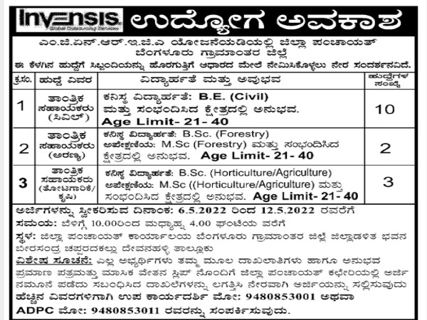 ಬೆಂಗಳೂರು ಗ್ರಾಮಾಂತರ ಜಿಲ್ಲಾ ಪಾಂಚಾಯಿತಿಯಲ್ಲಿ ಉದ್ಯೋಗಾವಕಾಶ